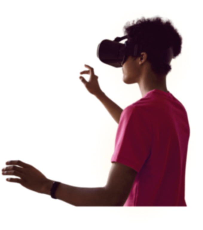 Person wearing a VR headset pointing at the interface